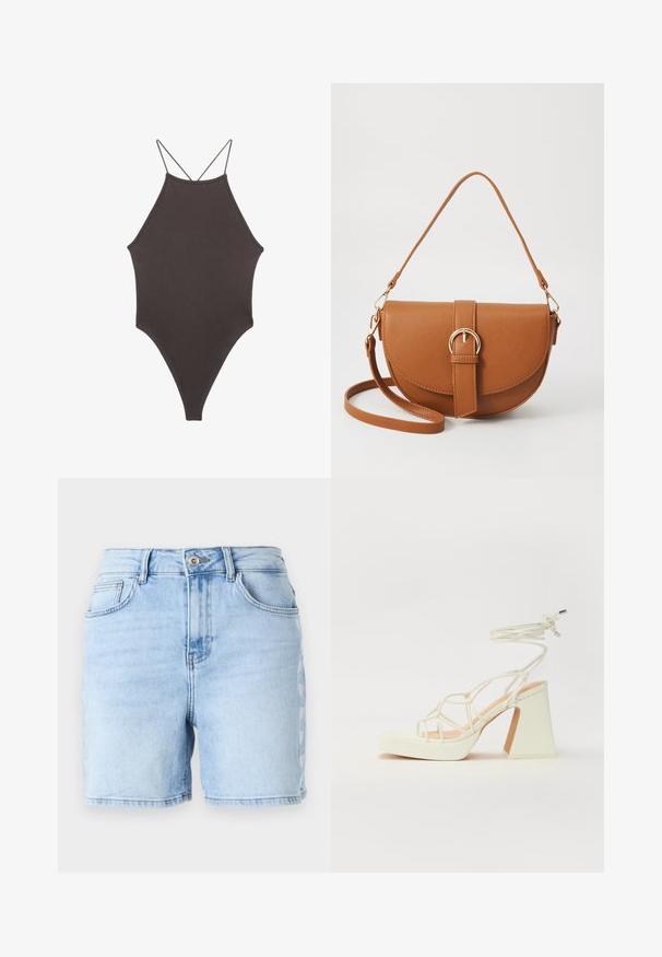 Ruskea, korkeakauluksinen yksiosainen uimapuku, jossa on ohuet, säädettävät hihnat; siinä on korkea lahje ja sileä tekstuuri. Ei kuvioita tai koristeita.; Vaaleansiniset farkkushortsit, joissa on korkea vyötärö, raaka helma, viisi taskua ja koristeellinen sivuompelukuviote. Valmistettu puuvillakankaasta.; Valkoinen korkokenkä, jossa on paksu korko, ja joka sisältää nauhakiinnityksen ja nilkkaketjun. Sujuva pinta, jossa on platform-etupohja lisäkorkeutta varten.; Ruskean nahkainen olkalaukku, jossa on kaareva muoto, kultaiset yksityiskohdat ja solkiyksityiskohta. Varustettu irrotettavalla olkahihnalla.