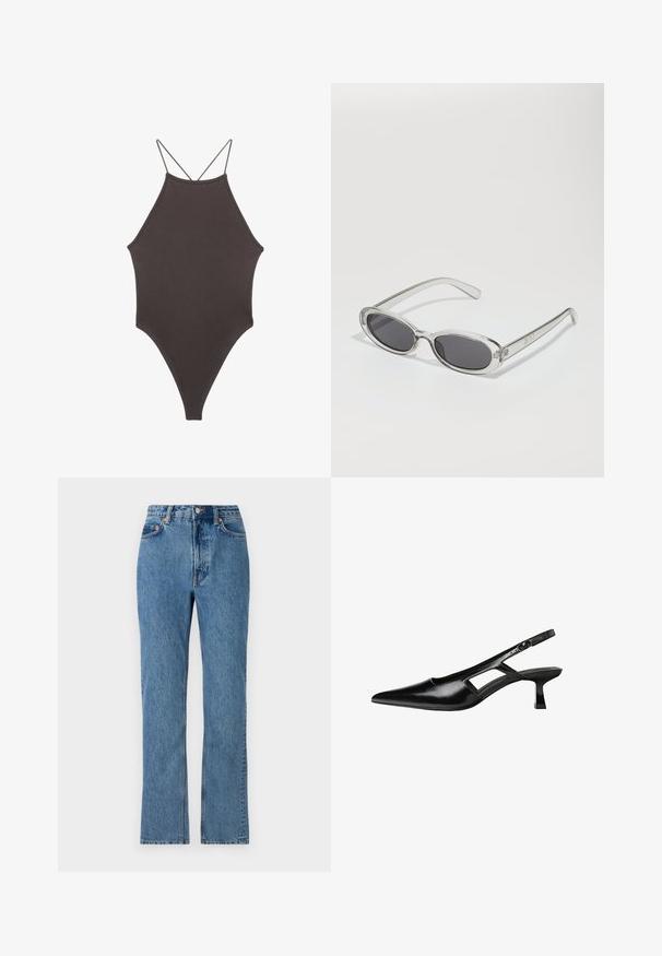 Hnedé, vysoký krk jednodielne plavky s tenkými, nastaviteľnými ramienkami; s vysokým strihom na nohách a hladkým povrchom. Bez vzorov alebo ozdôb.; Svetlomodré denimové nohavice s vysokým pásom, rovným strihom a klasickým dizajnom s piatimi vreckami. Obsahujú kovový gombík a nitovanie.; Čierne lakované kožené lodičky na podpätku s špicatou špičkou, výrezovým dizajnom na boku a malým štvorcovým podpätkom. Hladký povrch s minimálnymi akcentmi.; Slnečné okuliare oválneho tvaru, s priehľadným plastovým rámom, tmavošedými šošovkami a tenkými priehľadnými ramienkami s logovými akcentmi a minimálnym detailovaním.; Čierna kožená kabelka s zaobleným tvarom, odnímateľným popruhom a zlatými doplnkami. Kabelka má klopu s detailom s prackou.