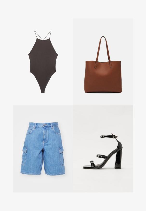 Smeđi jednodijelni kupaći kostim s visokim ovratnikom i tankim, prilagodljivim trakama; ima visoko izrezane nogavice i glatku teksturu. Bez uzoraka ili dekoracija.; Traperice cargo šortsice u svijetloplavoj boji, s dva bočna džepa, gumbom za zatvaranje, petljama za remen i opuštenim krojem. Glatka tekstura tkanine.; Crne lakirane sandale na visoku petu s dva remena s kopčama, kvadratnim vrhom i masivnom blok petom, s glatkom, sjajnom teksturom.; Smeđa kožna torba preko ramena s glatkom teksturom, otvorenim vrhom i dvjema naramenicama. Ima minimalne šavove i nema vidljivog hardvera.