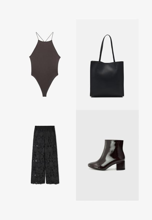 Brauner, hochgeschlossener Badeanzug mit dünnen, verstellbaren Trägern; zeichnet sich durch einen hohen Beinschnitt und eine glatte Textur aus. Keine Muster oder Verzierungen.; Schwarze weit geschnittene Hose aus Spitze mit floralem Muster. Verfügt über einen elastischen Taillenbund und einen gewellten Saum. Halbtransparente Textur.; Schwarze Lackleder-Stiefeletten mit spitzer Zehe und einem klobigen Absatz. Glatte Textur mit einem dezenten Glanz und klaren Linien, minimalistisches Design.; Schwarze Laptoptasche aus Leder mit glatter Textur, rechteckiger Form und zwei langen Griffen. Keine sichtbaren Beschläge oder Verzierungen.