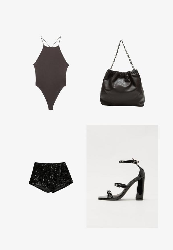 Brauner, hochgeschlossener Badeanzug mit dünnen, verstellbaren Trägern; zeichnet sich durch einen hohen Beinschnitt und eine glatte Textur aus. Keine Muster oder Verzierungen.; Schwarze Pailletten-Shorts mit einem enganliegenden, strukturierten Design. Der Stoff weist schimmernde Pailletten auf, die in einem dekorativen Muster angeordnet sind.; Schwarze patentierte Sandalen mit Absatz, quadratischer Spitze, Knöchelriemen und silbernen Schnallen. Mit einem stabilen Blockabsatz für mehr Stabilität.; Braune Lederhandtasche mit gerafftem Oberteil und Kettenriemen. Glatte Textur mit glänzendem Finish und subtilen Nahtdetails an den Seiten.