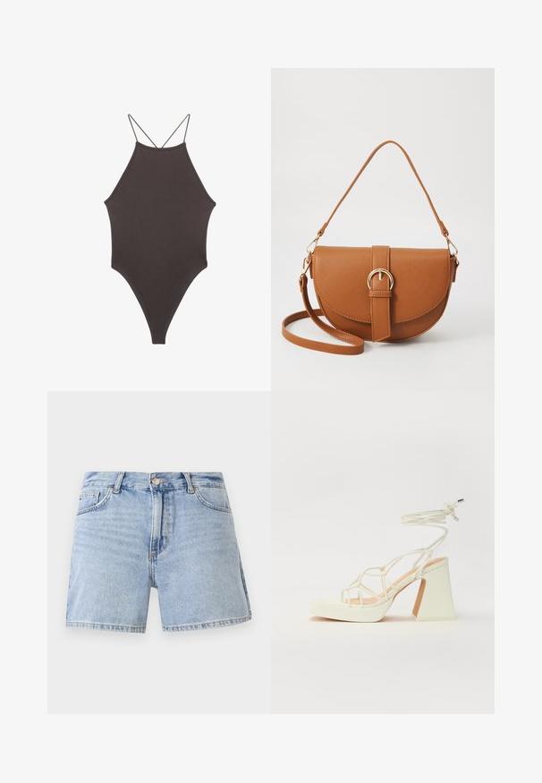 Ruskea, korkeakauluksinen yksiosainen uimapuku, jossa on ohuet, säädettävät hihnat; siinä on korkea lahje ja sileä tekstuuri. Ei kuvioita tai koristeita.; Vaaleansinisiä farkkushortsit, joissa on korkea vyötärö, perinteinen viiden taskun muotoilu ja repsottava helma. Valmistettu puuvillasta, jossa on haalistunut pinta.; Valkoinen korkokenkä, jossa on paksu korko, ja joka sisältää nauhakiinnityksen ja nilkkaketjun. Sujuva pinta, jossa on platform-etupohja lisäkorkeutta varten.; Ruskean nahkainen olkalaukku, jossa on kaareva muoto, kultaiset yksityiskohdat ja solkiyksityiskohta. Varustettu irrotettavalla olkahihnalla.