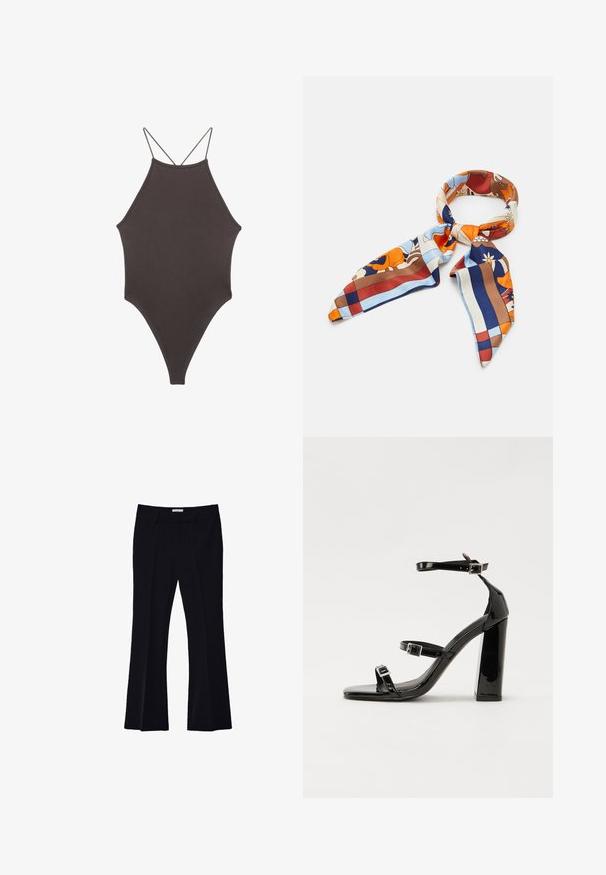 Brun højhalset heldragt badedragt med tynde, justerbare stropper; har højt skåret ben og glat tekstur. Ingen mønstre eller udsmykninger.; Stradivarius TAILORED FLARED - Bukser - black; Sorte patenterede hælsandaler med firkantet tå, ankelremme og sølvspænder. Har en chunky blokHæl for stabilitet.; Silke scarf med et farverigt blomster- og geometrisk mønster i nuancer af orange, blå, brun og creme. Triangulære ender med en glat tekstur.