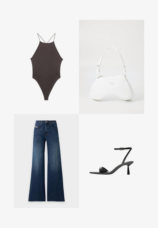 Brun højhalset heldragt badedragt med tynde, justerbare stropper; har højt skåret ben og glat tekstur. Ingen mønstre eller udsmykninger.; Højtaljede mørkeblå brede bukser med for- og møntlommer, knaplukning og subtile slidser på lårene.; Bershka Højhælede sandaletter / Højhælede sandaler - black; Hvid håndtaske med en glat, blank overflade, afrundet form og en enkelt justerbar strop. Har et præg af logo på forsiden.