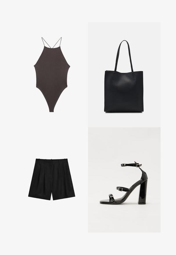 Brauner, hochgeschlossener Badeanzug mit dünnen, verstellbaren Trägern; zeichnet sich durch einen hohen Beinschnitt und eine glatte Textur aus. Keine Muster oder Verzierungen.; Schwarze maßgeschneiderte Shorts aus einem glatten, leichten Stoff. Verfügt über Falten, zwei Seitentaschen und ein sauberes Taillendesign.; Schwarze patentierte Sandalen mit Absatz, quadratischer Spitze, Knöchelriemen und silbernen Schnallen. Mit einem stabilen Blockabsatz für mehr Stabilität.; Schwarze Laptoptasche aus Leder mit glatter Textur, rechteckiger Form und zwei langen Griffen. Keine sichtbaren Beschläge oder Verzierungen.