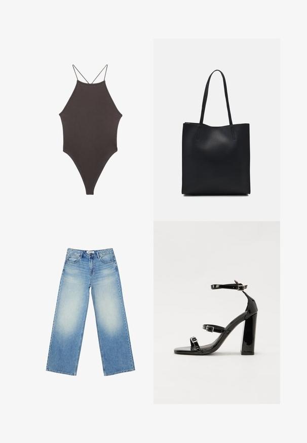 Rjav, enodelni kopalke z visokim ovratnikom in tankimi nastavljivimi naramnicami; ima visok rez na nogah in gladko teksturo. Brez vzorcev ali okrasnih elementov.; Svijetloplave široke traperice, izrađene od denima, s visokim strukom, izblijedjelom pranjem i klasičnim dizajnom s pet džepova, koji se zatvaraju s prednjim gumbom.; Črne lakirane sandale s peto, kvadratnim prstom, trakovi okrog gležnja in srebrnimi zaponkami. Opremljene so s stabilno Debelo peto.; Črna usnjena torba s svilnato teksturo, pravokotne oblike in dvema dolgima ročajema. Brez vidnih metalnih delov ali okrasnih elementov.