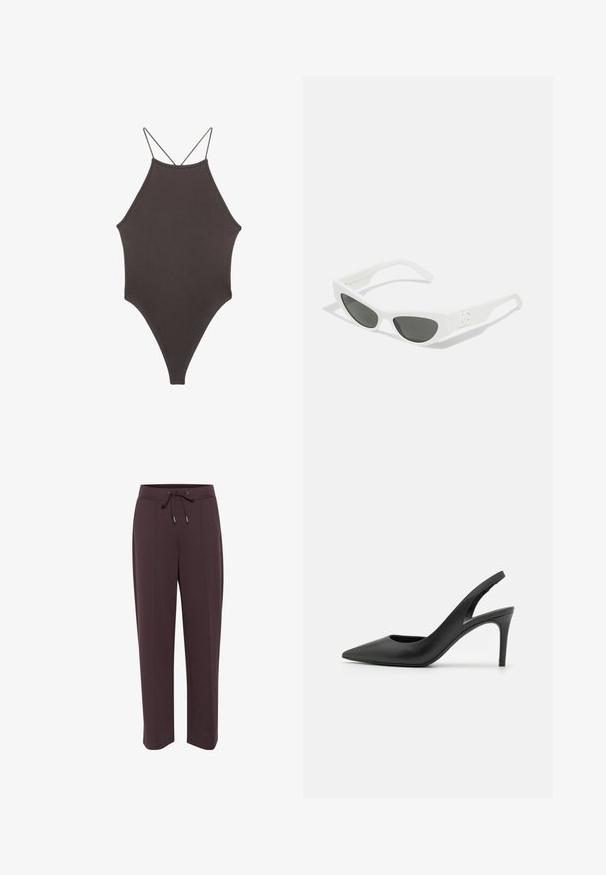 Ruskea, korkeakauluksinen yksiosainen uimapuku, jossa on ohuet, säädettävät hihnat; siinä on korkea lahje ja sileä tekstuuri. Ei kuvioita tai koristeita.; Tummanruskeat collegehousut, joissa on nyöritettävä vyötärö, sivutaskut ja rento malli. Pehmeä kangas, jossa on sileä pinta ja suoranlahkeinen muotoilu.; Musta nahkainen slingback-korkokengät, joissa on terävä kärki, etuosassa leikkaus ja ohut stiletto-korko.; Valkoiset muoviset aurinkolasit, joissa on kulmikas muotoilu. Tummanharmaat linssit. Huomattava logo-osoite varressa. Sileä rakenne ja kevyt ulkonäkö.; Musta nahkainen olkalaukku, jossa on kaksi etutaskua, kultaiset soljet, vetoketjukiinnitys ja kapea hihna. Teksturoidun pinnan ja kompaktin suorakaiteen muoto.