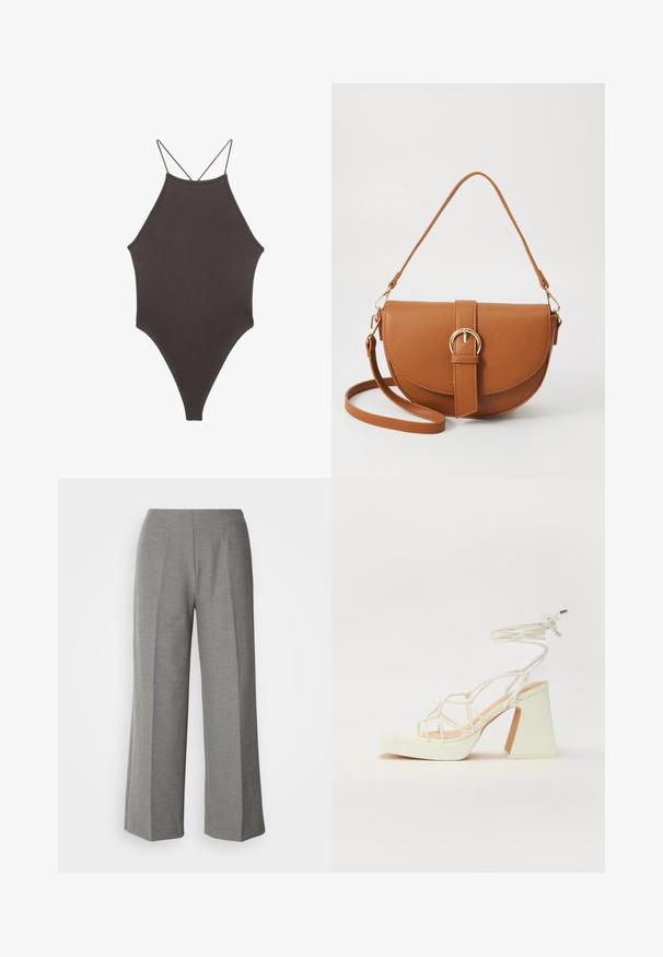 Brun, hög nacke baddräkt med tunna, justerbara remmar; har högskuren ben och slät textur. Inga mönster eller dekorationer.; Grå skräddarsydda vida byxor med en slät yta, som har en platt front och skarpa vecklinjer på varje ben.; Vit högklackad sandal med en kraftig klack, med ett remdesign och ankelband. Slät textur med en plattform framtill för ökad höjd.; Brun läder crossbody-väska med en böjd form, gyllene detaljer och en spänneaccent. Har en avtagbar axelrem.
