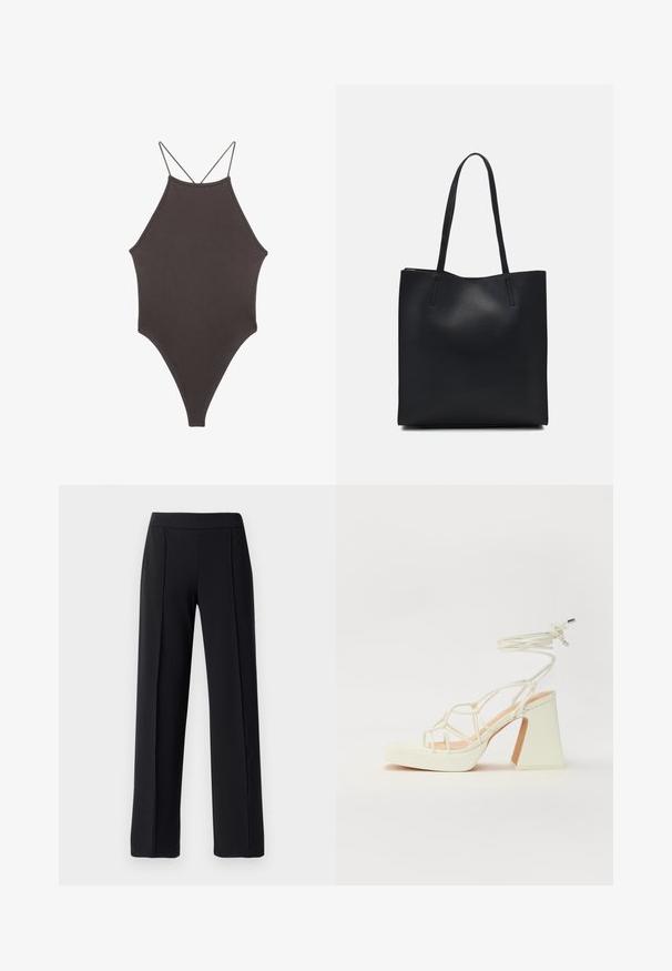 Rjav, enodelni kopalke z visokim ovratnikom in tankimi nastavljivimi naramnicami; ima visok rez na nogah in gladko teksturo. Brez vzorcev ali okrasnih elementov.; Črne hlače po meri z širokim krojem, izdelane iz gladkega, elastičnega materiala; vključujejo sprednje gube in elastičen pas.; Bela sandala na visokih petah s debelim petam, ki ima obliko trakcev in vezanje okoli gležnja. Gladka tekstura z platformo spredaj za dodatno višino.; Črna usnjena torba s svilnato teksturo, pravokotne oblike in dvema dolgima ročajema. Brez vidnih metalnih delov ali okrasnih elementov.