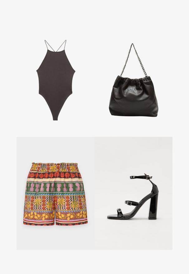 Ruskea, korkeakauluksinen yksiosainen uimapuku, jossa on ohuet, säädettävät hihnat; siinä on korkea lahje ja sileä tekstuuri. Ei kuvioita tai koristeita.; Moniväriset shortsit, joissa on kirkkaiden värien sekoitus, kuten punainen, keltainen, vihreä ja vaaleanpunainen, joustava vyötärö ja erilaisia trooppisia kuvioita.; Musta kiiltävä korkokenkä sandaalit neliönmuotoisella varpaalla, nilkkaremmillä ja hopeisilla soljilla. Varustettu tukevalla lohkokorkealla vakauden takaamiseksi.; Ruskea nahkainen laukku, jossa on kerätty yläosa ja ketjuhihna. Tasainen pinta, jossa kiiltävä viimeistely ja hienovaraiset sauman yksityiskohdat sivuilla.