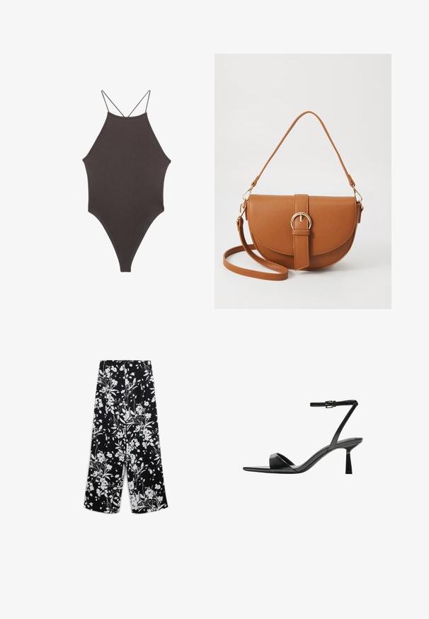 Brauner, hochgeschlossener Badeanzug mit dünnen, verstellbaren Trägern; zeichnet sich durch einen hohen Beinschnitt und eine glatte Textur aus. Keine Muster oder Verzierungen.; Schwarze Stoffhosen mit einem weißen Blumenmuster, weit geschnitten, mit glatter Textur und einer hohen Taille.; Bershka High Heel Sandalette - black; Braune Leder-Crossbody-Tasche mit geschwungener Form, goldfarbenen Beschlägen und einer Schnallenakzentuierung. Verfügt über einen abnehmbaren Schultergurt.