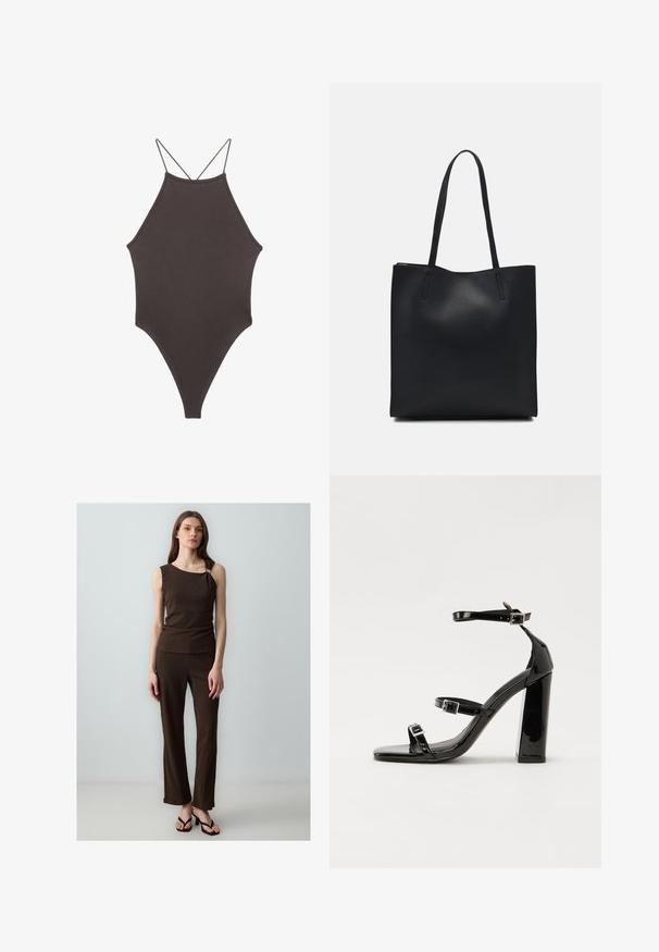 Brauner, hochgeschlossener Badeanzug mit dünnen, verstellbaren Trägern; zeichnet sich durch einen hohen Beinschnitt und eine glatte Textur aus. Keine Muster oder Verzierungen.; Braun strukturiertes Zweiteiler-Outfit mit einem ärmellosen Oberteil mit asymmetrischem Ausschnitt und passenden enganliegenden Hosen, ergänzt durch Flip-Flops.; Schwarze patentierte Sandalen mit Absatz, quadratischer Spitze, Knöchelriemen und silbernen Schnallen. Mit einem stabilen Blockabsatz für mehr Stabilität.; Schwarze Laptoptasche aus Leder mit glatter Textur, rechteckiger Form und zwei langen Griffen. Keine sichtbaren Beschläge oder Verzierungen.