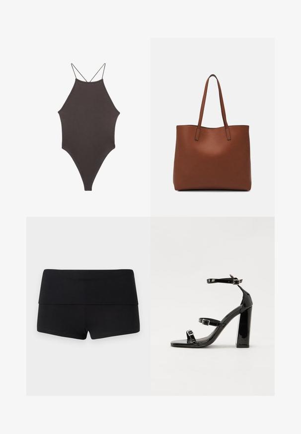 Brun, hög nacke baddräkt med tunna, justerbara remmar; har högskuren ben och slät textur. Inga mönster eller dekorationer.; Gina Tricot BASIC FOLDED HOT PANTS - Shorts - black; Svarta lackerade högklackade sandaler med två spännband, fyrkantig tå och en tjock klack, med en slät och glansig yta.; Brun läder tote-väska med en slät textur, öppen toppdesign och två axelremmar. Har minimal söm och ingen synlig metalldetalj.