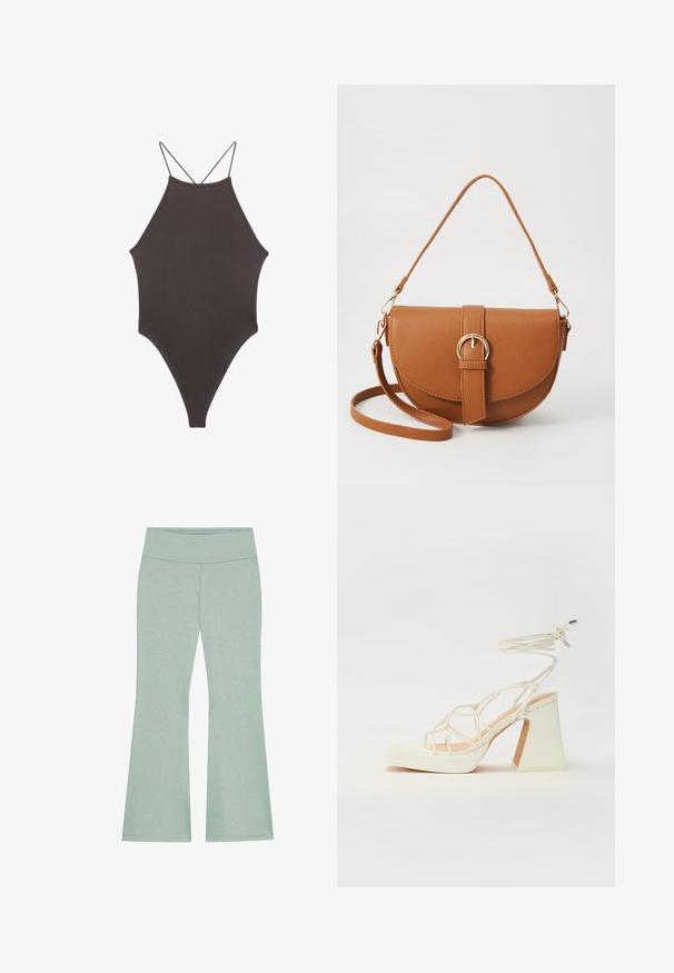 Brun højhalset heldragt badedragt med tynde, justerbare stropper; har højt skåret ben og glat tekstur. Ingen mønstre eller udsmykninger.; Lys grønne buksestykker med vidde, lavet af blødt, struktureret stof. Har et diskret heather-mønster over det hele.; Hvide højhælede sandaler med en kraftig hæl, der har et stropdesign og ankelbinding. Glat tekstur med en platform foran for ekstra højde.; Brun læder crossbody taske med en buet form, guldfarvet hardware og en spændeaccent. Har en aftagelig skulderrem.