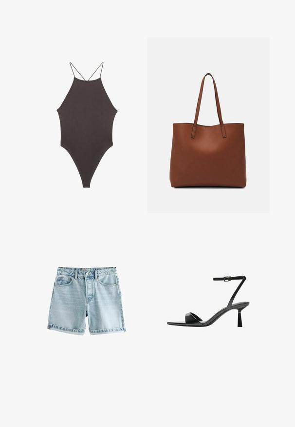 Ruskea, korkeakauluksinen yksiosainen uimapuku, jossa on ohuet, säädettävät hihnat; siinä on korkea lahje ja sileä tekstuuri. Ei kuvioita tai koristeita.; Vaaleansiniset farkkushortsit, joissa on raaka helma, viisi taskua ja napitus. Kangas on hieman kuluneen näköinen.; Bershka Korolliset sandaalit - black; Ruskea nahkainen olkalaukku, jossa on sileä pinta, avoin yläosa ja kaksi olkahihnaa. Omaavat vain minimaalisen ompelun eikä näkyvää metalliosaa.
