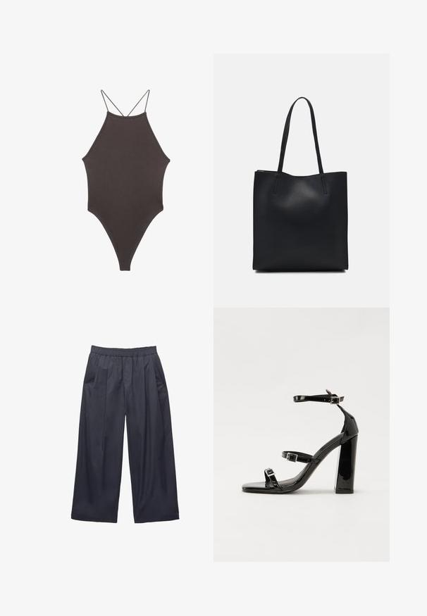 Rjav, enodelni kopalke z visokim ovratnikom in tankimi nastavljivimi naramnicami; ima visok rez na nogah in gladko teksturo. Brez vzorcev ali okrasnih elementov.; Mornarsko široke hlače z elastičnim pasom, naborki in stranskimi žepi. Narejene so iz lahkotne, gladke tkanine z mat končno obdelavo.; Črne lakirane sandale s peto, kvadratnim prstom, trakovi okrog gležnja in srebrnimi zaponkami. Opremljene so s stabilno Debelo peto.; Črna usnjena torba s svilnato teksturo, pravokotne oblike in dvema dolgima ročajema. Brez vidnih metalnih delov ali okrasnih elementov.