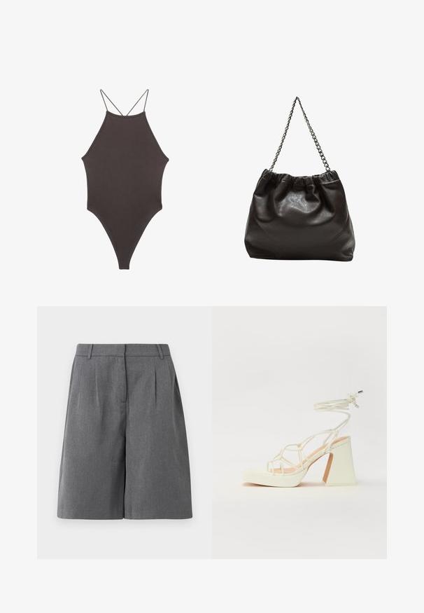 Brauner, hochgeschlossener Badeanzug mit dünnen, verstellbaren Trägern; zeichnet sich durch einen hohen Beinschnitt und eine glatte Textur aus. Keine Muster oder Verzierungen.; Grau maßgeschneiderte Shorts mit flachem Vorderteil, Falten und seitlichen Taschen. Hergestellt aus leichtem Stoff, bietet eine glatte Textur und einen geraden Schnitt.; Weiße High-Heel-Sandale mit einem klobigen Absatz, die über ein Riemchendesign und ein Knöchelband verfügt. Glatte Textur mit einer Plattform vorne für zusätzliche Höhe.; Braune Lederhandtasche mit gerafftem Oberteil und Kettenriemen. Glatte Textur mit glänzendem Finish und subtilen Nahtdetails an den Seiten.