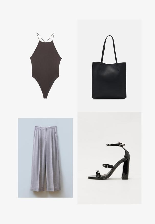 Hnědé, jednodílné plavky s vysokým krkem a tenkými, nastavitelnými ramínky; mají vysoký střih nohavic a hladkou texturu. Žádné vzory ani ozdoby.; Šedé kalhoty s širokými nohavicemi vyrobené z texturované tkaniny s předními sklady, dvěma bočními kapsami a rovně střiženým lemem.; Černé lakované sandály na podpatku se čtveratou špičkou, lýtkovými pásky a stříbrnými přezkami. Disponují masivním blokovým podpatkem pro stabilitu.; Černá kožená taška přes rameno s hladkým povrchem, obdélníkovým tvarem a dvěma dlouhými uchy. Žádné viditelné kování ani ozdoby.
