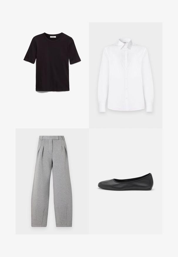 Camiseta negra de manga corta hecha de algodón suave, con un escote redondo y una textura lisa y uniforme con un diseño minimalista.; Camisa blanca de manga larga hecha de tela suave, con cuello y botón frontal con botones en rosa claro.; Pantalones de pierna ancha, grises y hechos de tela suave, con pliegues en la parte delantera, una cinturilla plana y costuras rectas a lo largo de las piernas.; Bailarina de piel negra con punta redondeada, textura suave, detalle de costura minimalista y diseño de suela flexible.