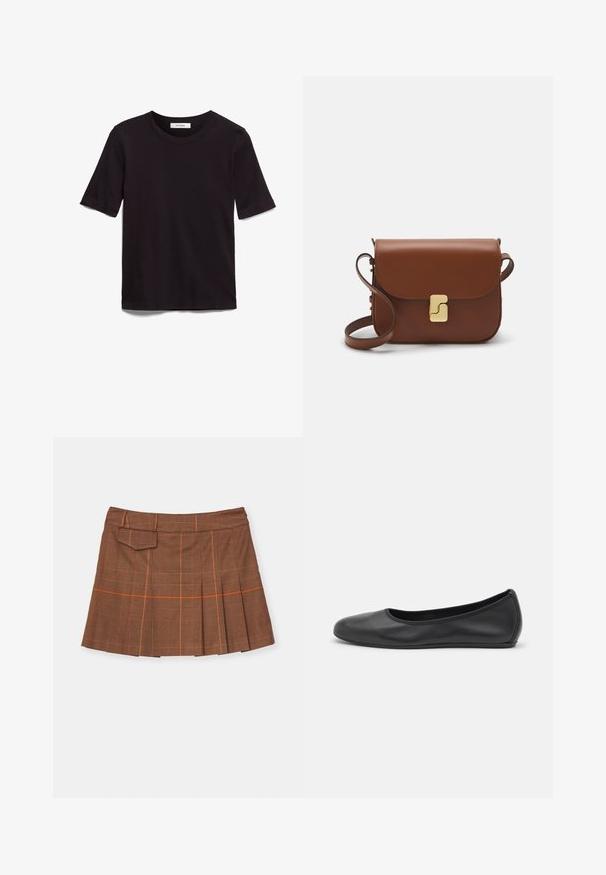 Black short-sleeve T-shirt made of soft cotton, featuring a round neckline and a smooth, even texture with a minimal design.; Brown plaid skirt featuring a pleated design, orange accents, and a side pocket. Made of textured material with a fitted waist.; Black leather ballet flat with a rounded toe, smooth texture, minimal stitching detail, and a flexible sole design.; Brown leather handbag with a flap closure, gold-tone hardware, a shoulder strap, and a smooth texture. Compact rectangular shape.