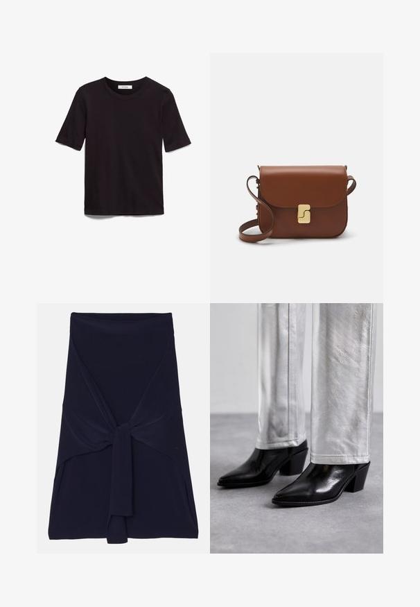 Fekete, rövid ujjas póló, puha pamutból készült, kerek nyakkivágással és sima, egyenletes textúrával, minimalista dizájnnal.; Sötétkék csomós designnal készült, puha, rugalmas anyagú rakott szoknya, sima textúrával és precíz élekkel.; Fekete bőr bokacsizma hegyes orral és tömbsarkal, fényes ezüst nadrággal párosítva, amely sima textúrákat és kontrasztos színeket mutat be.; Barna bőr kézitáska, hajtókás zárással, arany színű fém kiegészítőkkel, vállpánttal és sima felülettel. Kompakt téglalap alakú.