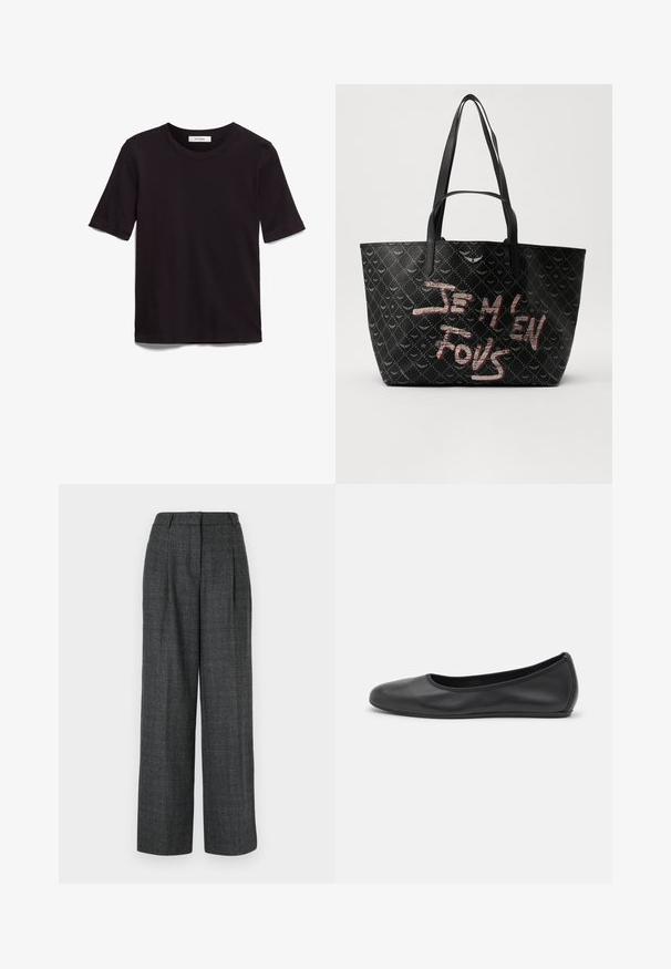 Schwarzes T-Shirt mit kurzen Ärmeln aus weicher Baumwolle, mit rundem Halsausschnitt und glatter, gleichmäßiger Textur in einem schlichten Design.; Graue weite Hose aus strukturiertem Stoff, mit vorderen Falten, hohem Bund und einem taillierten Schnitt für ein strukturiertes Erscheinungsbild.; Schwarze Leder-Ballettschuhe mit abgerundeter Spitze, glatter Textur, minimalen Nähdetails und einem flexiblen Sohlen-Design.; Schwarze Tote-Bag aus strukturiertem Material mit Rautenmuster, Schulterriemen und auffälligem roten und weißen Text "JE M'EN FOUS."
