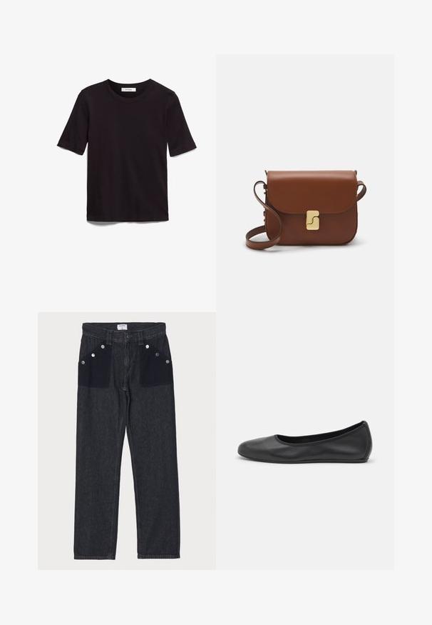 Juodas trumpas rankovės T-shirt, pagamintas iš minkštos medvilnės, su apvaliu kaklu ir lygiu, tolygiu paviršiumi bei minimalistiniu dizainu.; Filippa K CONTRAST POCKET STRAIGHT - Tiesaus kirpimo džinsai - black; Juodai odiniai baletai su apvaliu pirštu, lygi texture, minimalus siuvimo detales ir lanksčiu padų dizainu.; Ruda odinė rankinė su uždaromu dangteliu, aukso spalvos detalėmis, petneša ir lygiu paviršiumi. Kompaktiška stačiakampio formos.