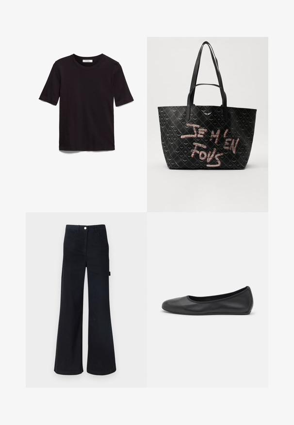 Zwarte T-shirt met korte mouwen van zacht katoen, met een ronde hals en een gladde, gelijkmatige textuur met een minimaal ontwerp.; Zwarte, hooglopende flairbroeken van stevige stof. Kenmerken zijn onder andere vijf zakken en een metalen knoopsluiting op de taille.; Zwarte leren ballerina met een ronde neus, gladde textuur, minimale stikdetails en een flexibele zoolontwerp.; Zwarte tote bag van gestructureerd materiaal met een diamanten patroon, schouderbanden en vetrode en witte tekst met de tekst "JE M'EN FOUS."