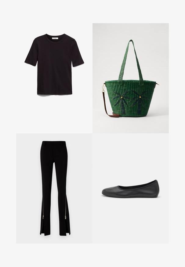 Must ja lühikeste varrukatega T-särk, mis on valmistatud pehmest puuvillast. Särgil on ümmargune kaelus ja sile, ühtlane tekstuur koos minimaalsete disainielementidega.; DSQUARED2 ICON TRUMPET PANT - Püksid - black; Musthave mustika tantsutossud mustast nahast, ümmarguse varbaga, siledast tekstuurist, minimaalse õmblusdetailiga ja paindliku tallakujundusega.; Roheline punutud ostukott tumedama rohelise palmipuu kujundusega; omab kahte kanda ja eemaldatavat pruuni nahkrihma.