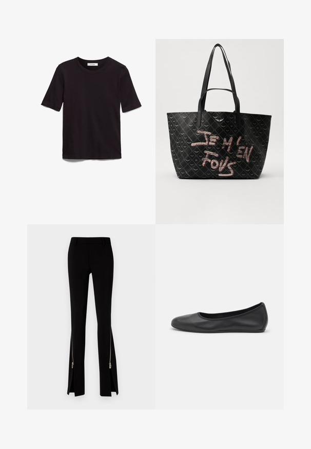 Black short-sleeve T-shirt made of soft cotton, featuring a round neckline and a smooth, even texture with a minimal design.; DSQUARED2 ICON TRUMPET PANT - Trousers - black; Black leather ballet flat with a rounded toe, smooth texture, minimal stitching detail, and a flexible sole design.; Black tote bag with textured material featuring a diamond pattern, shoulder straps, and bold red and white text reading “JE M'EN FOUS.”