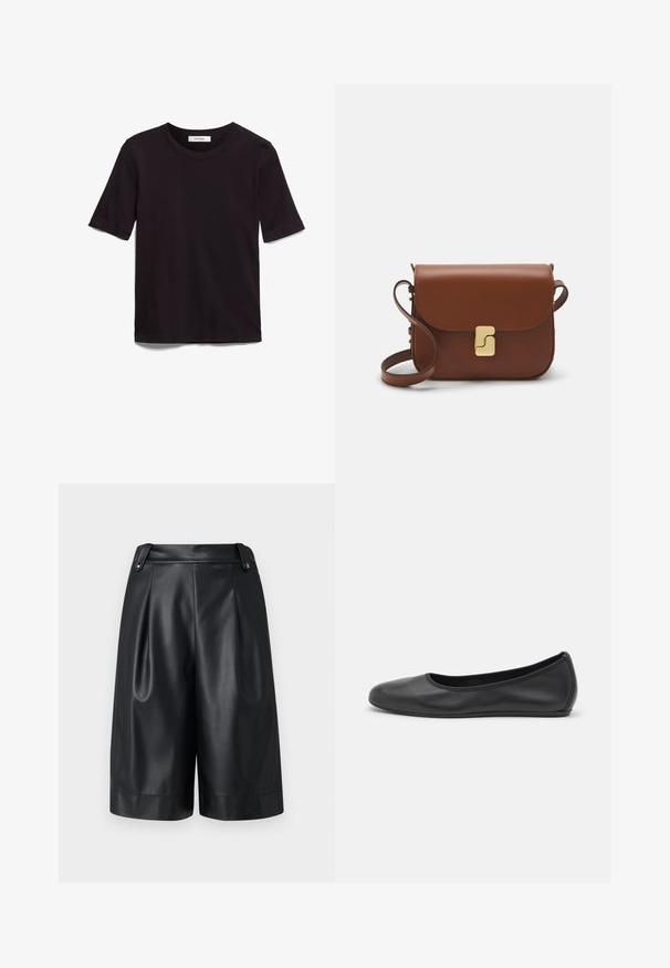 Čierne tričko s krátkym rukávom vyrobené z jemnej bavlny, s okrúhlym výstrihom a hladkým, rovnomerným povrchom s minimálnym dizajnom.; Max Mara Leisure ORTLES - Šortky - nero; Čierne kožené baleríny s okrúhlou špičkou, hladkým povrchom, minimálnym prešívaním a flexibilným dizajnom podrážky.; Hnedá kožená kabelka s klopou, zlatými kovovými prvkami, ramenným popruhom a hladkým povrchom. Kompaktný obdĺžnikový tvar.