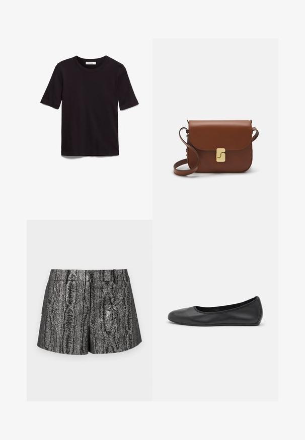 Czarna koszulka z krótkim rękawem wykonana z miękkiej bawełny, z okrągłym dekoltem i gładką, równą strukturą w minimalistycznym stylu.; Czarno-srebrne szorty z teksturowanym, metalicznym wykończeniem i subtelnym wzorem przypominającym słoj drewna, prostym kroju oraz standardowym pasem. ; Czarne skórzane baletki z zaokrąglonym noskiem, gładką fakturą, minimalnymi przeszyciami i elastycznym designem podeszwy.; Brązowa skórzana torebka na ramię z klapką, złotymi detalami, paskiem na ramię i gładką teksturą. Kompaktowy prostokątny kształt.