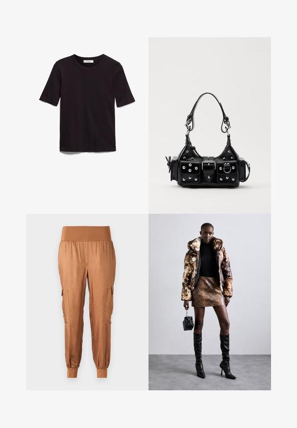 Black short-sleeve T-shirt made of soft cotton, featuring a round neckline and a smooth, even texture with a minimal design.; Brown satin cargo pants with an elastic waistband, side pockets, and tapered cuffs. Smooth texture and lightweight fabric.; Puffer jacket with a brown and black pattern, paired with a brown snake print mini skirt, black knee-high boots, and a small black bag.; Black leather handbag with a curved design, featuring silver studs, a buckle, and two side pockets. Adjustable strap for carrying options.