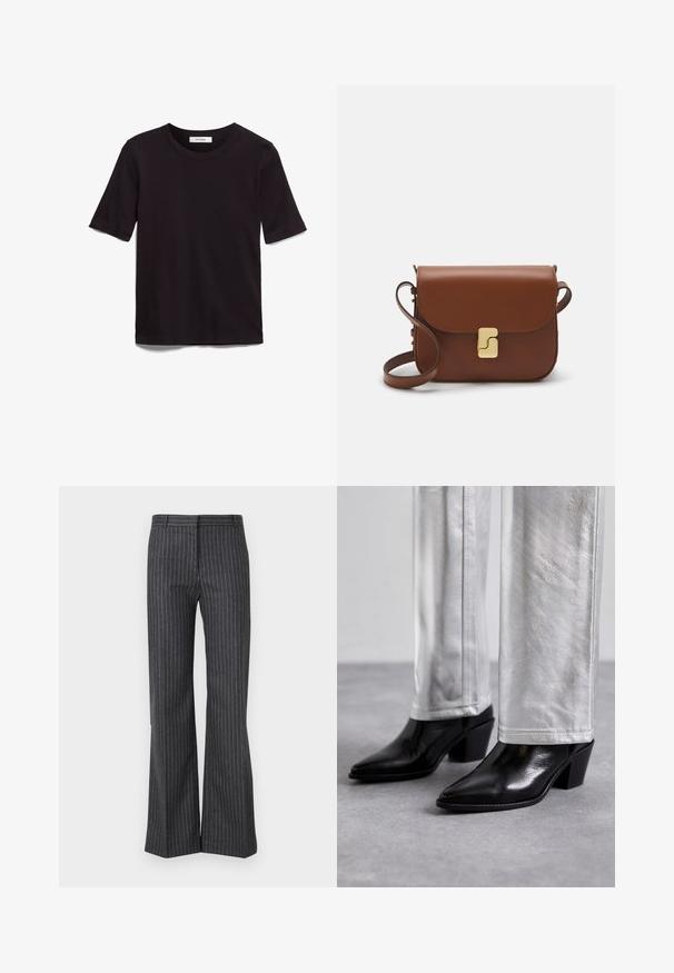 Juodas trumpas rankovės T-shirt, pagamintas iš minkštos medvilnės, su apvaliu kaklu ir lygiu, tolygiu paviršiumi bei minimalistiniu dizainu.; Pilkos plačios kelnes, pagamintas iš tekstūruotos medžiagos su plonomis vertikaliomis šviesiai baltomis juostelėmis, su standartiniu juosmeniu ir priekinių kišenių.; Juodos odinės aulinės botai su smailiu pirštu ir blokuotu kulnu, derinami su blizgiais sidabro spalvos kelnėmis, atskleidžiančiais glotnias tekstūras ir kontrastingas spalvas.; Ruda odinė rankinė su uždaromu dangteliu, aukso spalvos detalėmis, petneša ir lygiu paviršiumi. Kompaktiška stačiakampio formos.