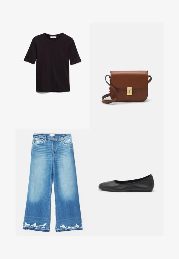 Melnas īsām piedurknēm T-krekls no mīkstas kokvilnas, ar apaļu izgriezumu un gludu, vienmērīgu tekstūru ar minimālu dizainu.; RE/DONE PALAZZO - Džinsi ar platām starām - minerva; Melna ādas baleta kurpe ar noapaļotu purngalu, gludu tekstūru, minimālu šuvju detalizāciju un elastīgu zoles dizainu.; Bordo ādas rokas soma ar atloku, zeltītām detaļām, plecu siksnu un gludu virsmu. Kompakta, taisnstūrveida forma.