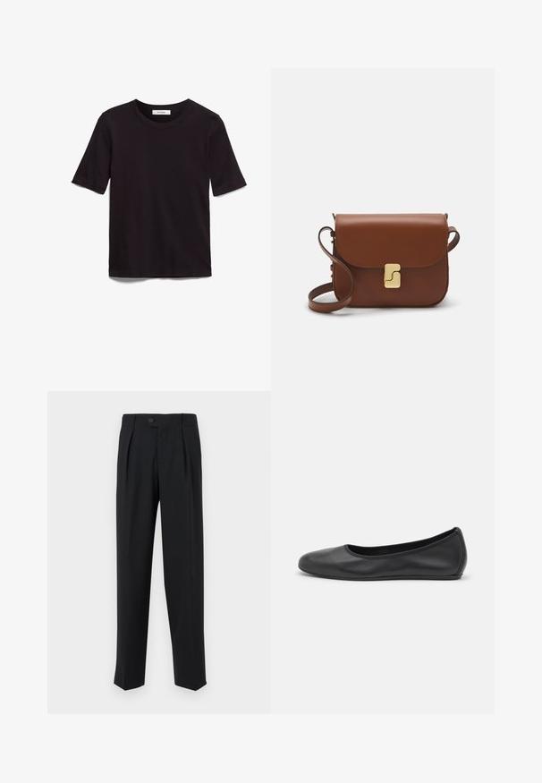 Črna kratka majica s kratkimi rokavi iz mehkega bombaža, z okroglo izreza in gladko, enakomerno teksturo ter minimalističnim oblikovanjem.; Črne hlače iz gladkega blaga, z zgornjimi nabori, z enim gumbom za zapiranje in ravnimi nogami. Minimalističen dizajn brez vzorcev.; Črne usnjene balerinke z zaobljenim nosom, gladko teksturo, minimalnimi šivi in fleksibilno zasnovo podplata.; Rjava usnjena torbica s poklopcem, zlato obarvani okovi, naramnica in gladka tekstura. Kompaktna pravokotna oblika.
