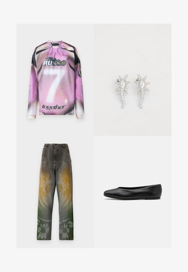 Maillot à manches longues avec un dégradé de rose à noir, arborant le numéro 7, des logos de marque et divers accents graphiques en blanc et noir.; Jean taille haute en denim délavé avec un motif dégradé mêlant des teintes de jaune, vert et bleu ; design floral près de l'ourlet.; Paul Smith TOPANGA - Ballerines - black; Boucles d'oreilles en argent en forme d'étoile avec des spikes texturés, ornées de strass transparents et d'une pierre centrale en taille marquise.
