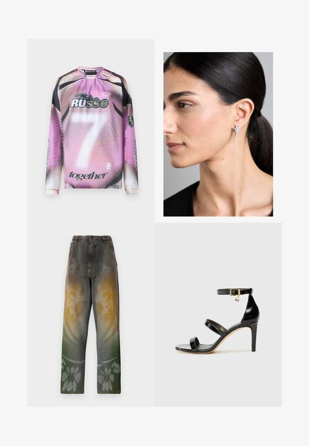 Langærmet jersey med et gradient pink-sort design, der har nummer 7, brandlogoer og forskellige grafiske detaljer i hvidt og sort.; Højtaljede jeans i tilfældig denim med et gradientmønster, der blander gule, grønne og blå nuancer; blomsterdesign nær kanten.; Sorte patenterede lædersandaler med tre stropper, ankelspænde og 10 cm stiletthæl. Har detaljer i guld og et logo charms.; Skinnende sølve øreringe i stjerneform med en slyngende hvirvel, der fremviser en poleret overflade og klare ædelstensdetaljer.