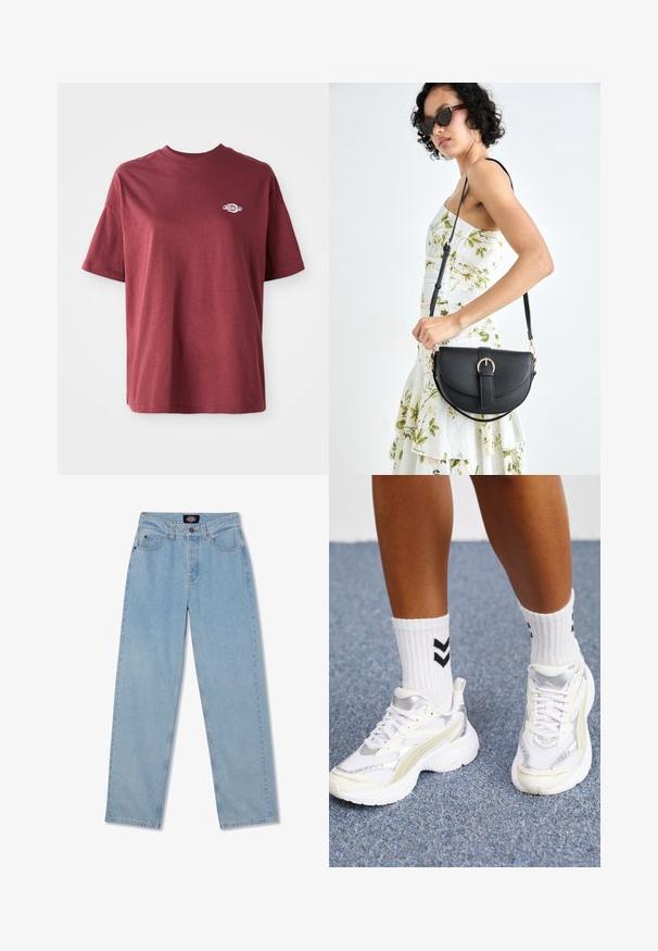 Burgundi színű pamut póló, kerek nyakkivágással, rövid ujjal és kis fehér logóval a bal mellrészen. Sima tapintás, laza szabás.; Világoskék farmernadrág egyenes szabással, öt zsebbel, gombos záródással és diszkrét koptatással az elején.; Fehér sportcipők ezüst kiegészítőkkel, hálós anyagból, és masszív dizájnnal. Fehér zoknikkal párosítva, melyeken fekete chevron minták találhatók.; Fekete bőrtáska ívelt formával, levehető pánttal és arany színű fémrészekkel. A táskán egy csattal díszített fedél található.