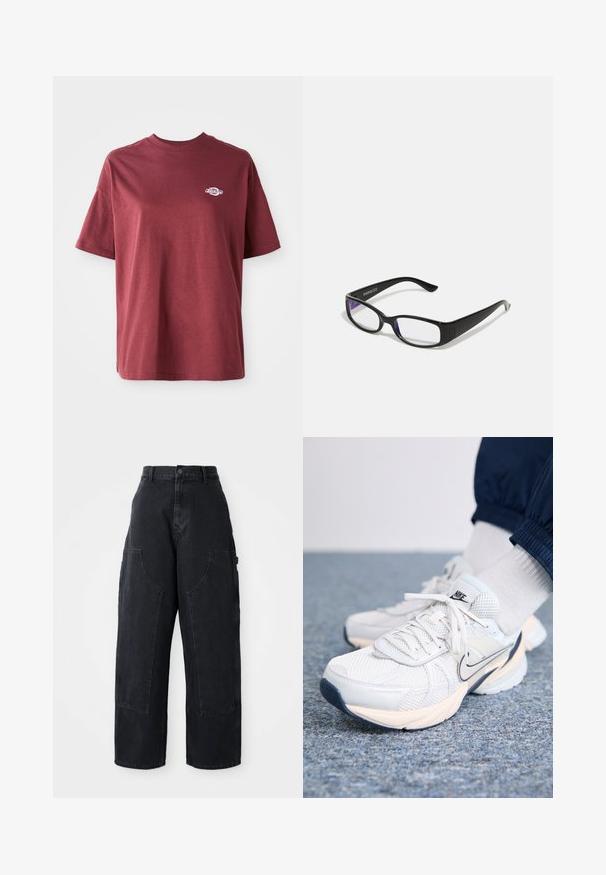 Burgundia puuvillane t-särk, millel on ümar kaelus, lühikesed varrukad ja väike valge logo vasakul rinnal. Sile tekstuur, lõdvestunud istuvus.; Mustad denim laiad sääred cargo püksid kõrge vöökoht, kahe suure ees oleva taskuga ja nööpkinni klõpsuga vöökoht. Sile tekstuur, kõrvaline kujundus.; Nike sportlikingad, millel on valge ja helesinine võrkpealne, paks talla, paeltega kinnitamine ning tumesinine swoosh aktsent.; Mustad mustad prillid selgete läätsedega. Läikiv viimistlus, kitsad vars, ja läätsede servadel on nähtav lilla varjund.