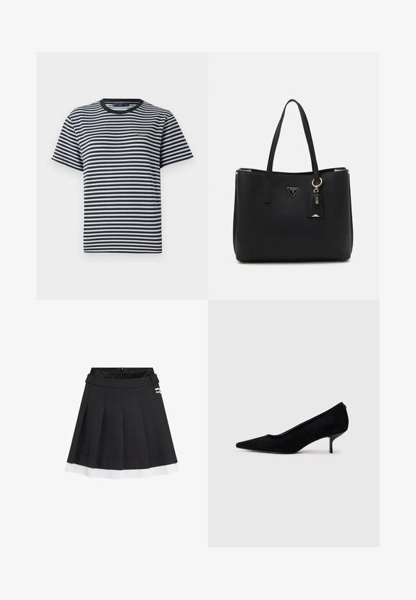 T-shirt às riscas com riscas horizontais em preto e branco, decote redondo e mangas curtas. Feita de tecido leve e macio.; Saia plissada preta com uma barra branca, feita de um tecido estruturado. Apresenta um fecho de correr nas costas e um pequeno logotipo na cintura.; Sapato de salto alto em camurça preta com bico afunilado e salto baixo e fino. Textura suave com um design elegante, apresentando nenhum hardware visível.; Mala tote preta feita de material sintético texturizado, com duas alças, uma placa de logótipo dourada e uma etiqueta pequena com um detalhe em acento.