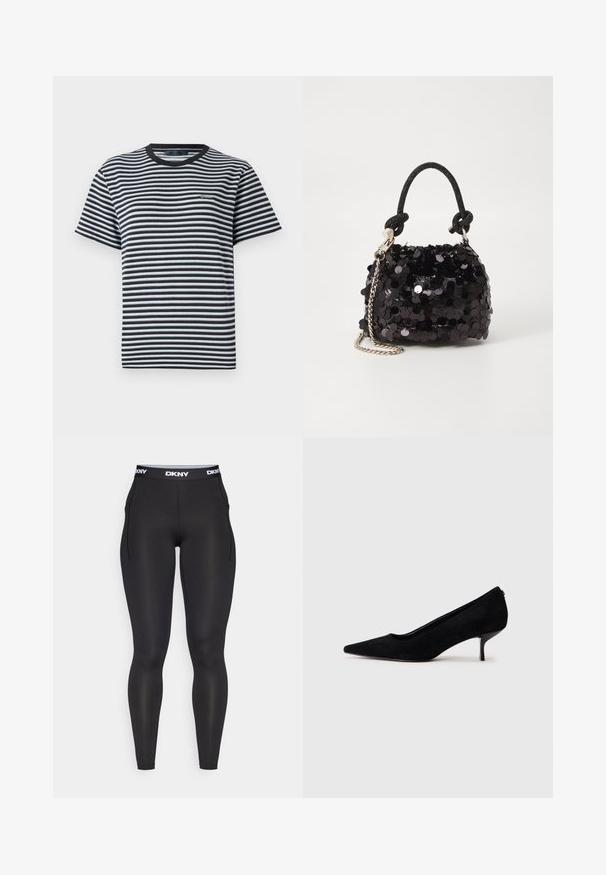 T-shirt às riscas com riscas horizontais em preto e branco, decote redondo e mangas curtas. Feita de tecido leve e macio.; Leggings de desempenho pretos com cintura com o logótipo DKNY, feitos de um tecido liso e elástico. Apresentam costuras laterais e um silhueta ajustada.; Sapato de salto alto em camurça preta com bico afunilado e salto baixo e fino. Textura suave com um design elegante, apresentando nenhum hardware visível.; Mala mini preta de lantejoulas com uma alça texturizada em nó e corrente prateada. Forma arredondada com parte superior pregueada e detalhes reflexivos.