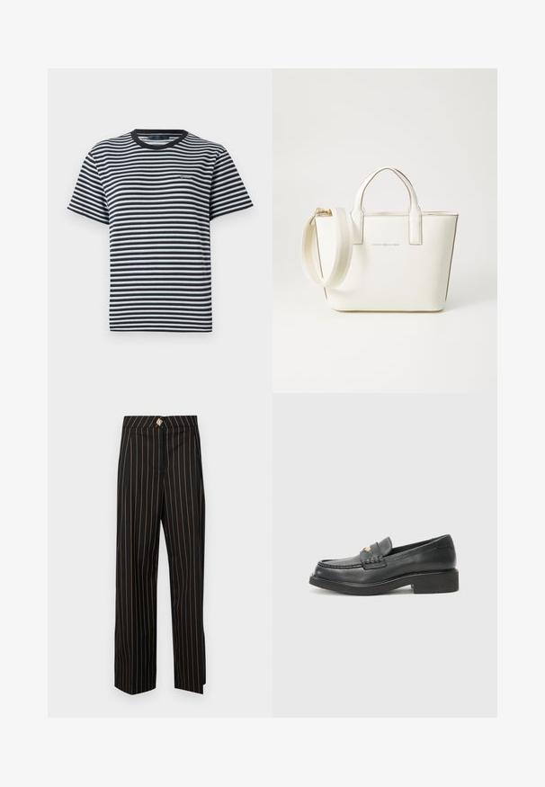 T-shirt med striber, der har sorte og hvide vandrette striber, rund halsudskæring og korte ærmer. Fremstillet af blødt, let materiale.; Sorte højtaljede bukser med orange lodrette striber, lige snit, og en dekorativ stofbetrukket knap i livlinjen.; Sorte læder loafers med et vævet detaljer på vampen, et guld logo, og en kraftig sort gummisål. Glat tekstur med let glans.; Hvid faux læder håndtaske med korte hanke, justerbar skulderrem og guldtonet hardware; har et subtilt logo foran.
