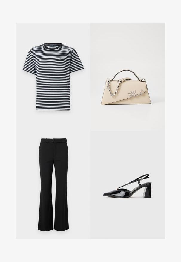 T-shirt rayé avec des bandes horizontales noires et blanches, col rond et manches courtes. Fabriqué en tissu doux et léger.; Pantalons évasés noirs avec une texture lisse, dotés d'une taille ajustée et d'une ceinture avec une boucle en métal argenté. Design épuré sans motifs visibles.; Chaussures à talons hauts en cuir verni noir, avec un bout pointu, une sangle réglable et un talon rectangulaire épais.; Sac à main en cuir beige avec une forme triangulaire structurée, doté d'une anse en chaîne argentée et d'un logo en cursive en métal.