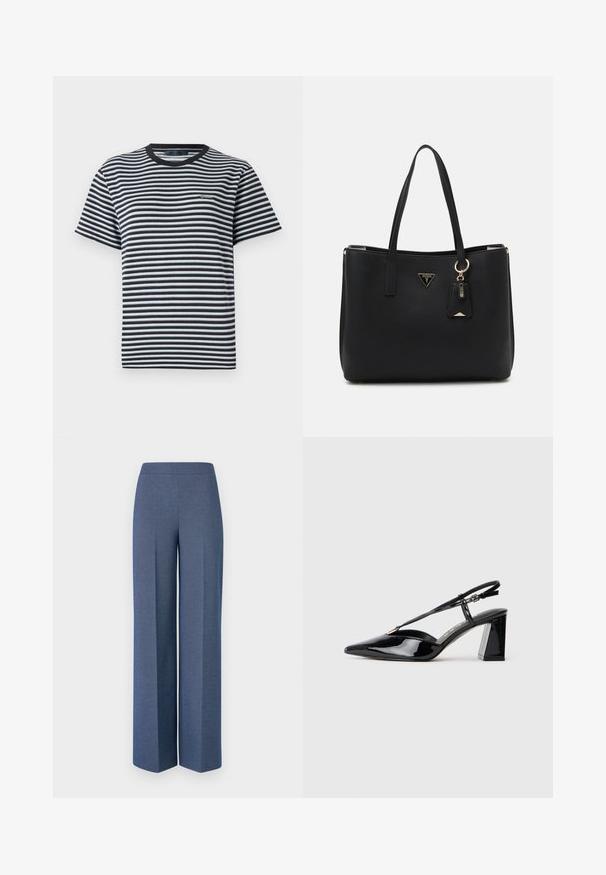 Črtasta majica s črno-belimi vodoravnimi črtami, okrogel izrez in kratki rokavi. Narejena iz mehkega, lahkotnega materiala.; Široke hlače iz teksturiranega modrega blaga z gladkim pasom in ostrimi pregibi spredaj, ki poudarjajo prilagojeno zasnovo.; Črne lakirane slingback visoke pete z ostrim nosom, nastavljivim trakcem in debelim pravokotnim peto.; Črna torba iz teksturiranega sintetičnega materiala, opremljena z dvema ročajoma, z zlatim logotipom in majhno oznako z detajlom v kontrastni barvi.