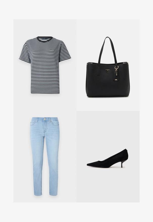 Csíkos póló fekete és fehér vízszintes csíkokkal, kerek nyakkivágással és rövid ujjakkal. Puha, könnyű anyagból készült.; Világoskék farmernadrág, egyenes szabással, öt zsebbel és arany színű fémalkatrészekkel a derekán. Simább textúra, minták nélkül.; Fekete velúr magassarkú cipő hegyes orral és vékony, alacsony sarokkal. Simább textúrájú, letisztult dizájn, amelyen nincsenek látható fém alkatrészek.; Fekete tote táska strukturált szintetikus anyagból, két fogantyúval, arany logó táblával és egy kis címkével, amely kiemelő részletet tartalmaz.