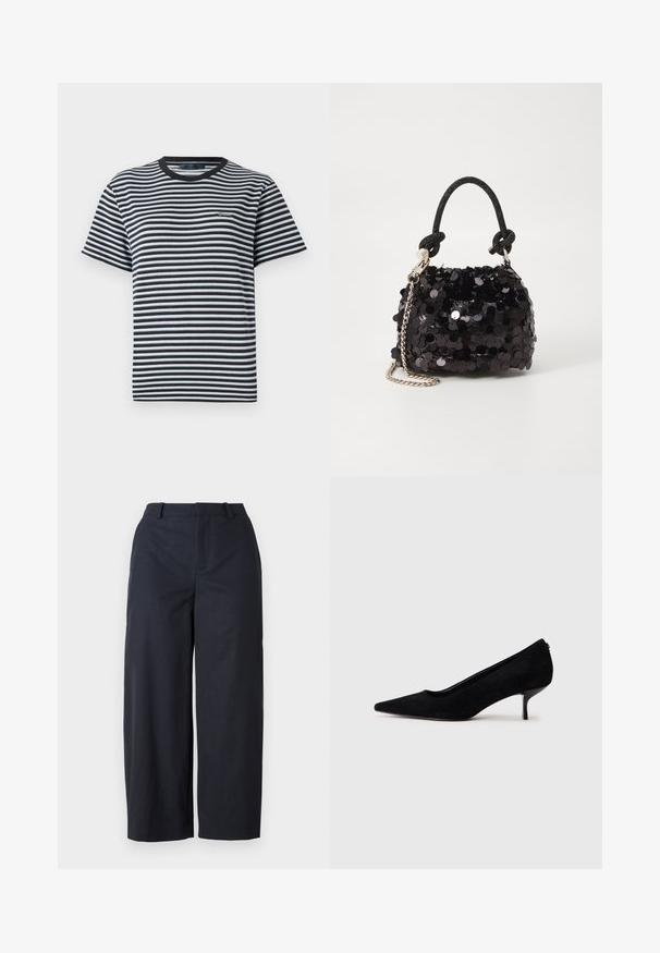 T-shirt às riscas com riscas horizontais em preto e branco, decote redondo e mangas curtas. Feita de tecido leve e macio.; Calças largas azul-marinho com uma textura suave, frente plana e cinta. Feitas de um tecido leve, oferecendo um ajuste relaxado.; Sapato de salto alto em camurça preta com bico afunilado e salto baixo e fino. Textura suave com um design elegante, apresentando nenhum hardware visível.; Mala mini preta de lantejoulas com uma alça texturizada em nó e corrente prateada. Forma arredondada com parte superior pregueada e detalhes reflexivos.