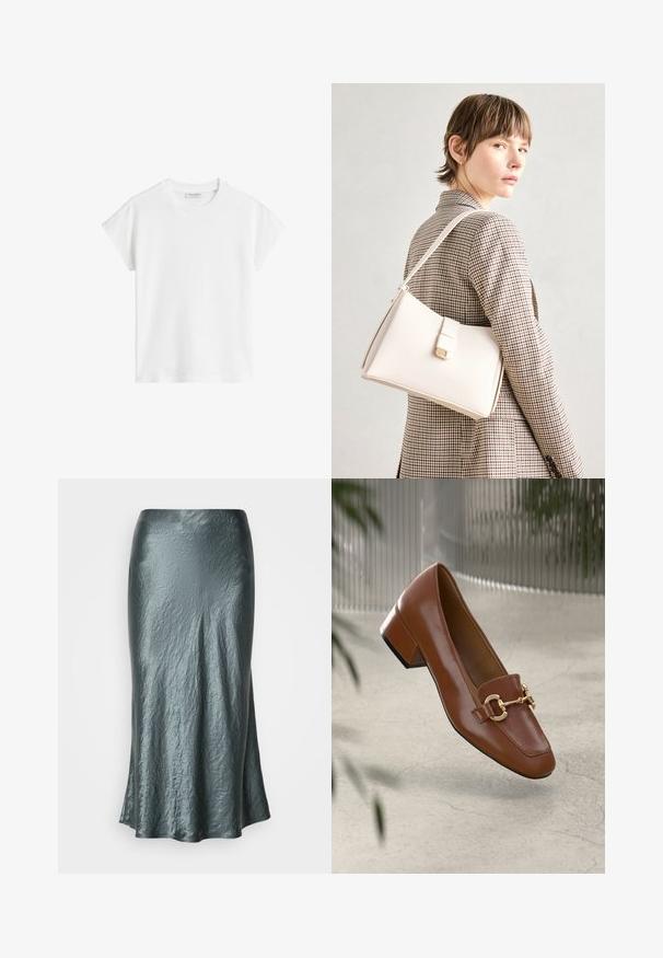 Hvit kortermet t-skjorte laget av bomull. Har en avslappet passform med rund halslinning og lett senkede skuldersømmer. Ingen mønstre eller detaljer.; Metallisk teal midi-skjørt med en krøllete tekstur, med en klokkeformet fasong og glatt overflate. Ingen synlige lukkinger eller dekorelementer.; Brun lakkert skinn loafer med firkantet tå, metallkjedeakkent, og lav blokkheel; glatt tekstur, minimalistisk design.; Hvit lær veske med en strukturert design, med magnetlås og skulderstropp, vist mot en nøytral bakgrunn.