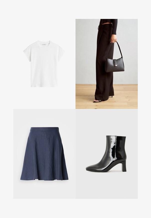 Hvit kortermet t-skjorte laget av bomull. Har en avslappet passform med rund halslinning og lett senkede skuldersømmer. Ingen mønstre eller detaljer.; Marineblå linnekjole med en utvidet design, lett tekstur, midje lengde snitt og sydd detaljer langs sømmene.; Sorte patentlær ankle boot med spiss tå og en mellomhøy blokkhelt. Glatt tekstur og minimalistisk design.; Svart håndveske med strukturert form, jevn tekstur og metallisk lås. Kombinert med brede svarte bukser og sandaler med åpen tå på tregulv.