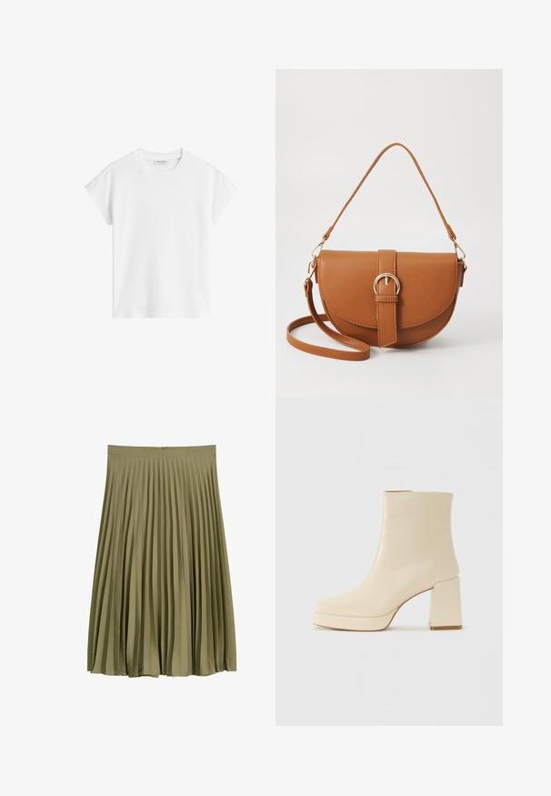 Witte korte mouwen t-shirt van katoen. Heeft een ontspannen pasvorm met een ronde hals en iets verlaagde schoudernaden. Geen patronen of accenten.; Olijfgroen midi-lengte geplooide rok met een tailleband en verborgen ritssluiting aan de achterkant.; Beige leren enkelboot met blokhak en plateauzool, gladde afwerking en licht vierkante neus, gericht naar links op een witte achtergrond.; Bruine leren schoudertas met een gebogen vorm, gouden hardware en een gespaccent. Bevat een afneembare schouderriem.